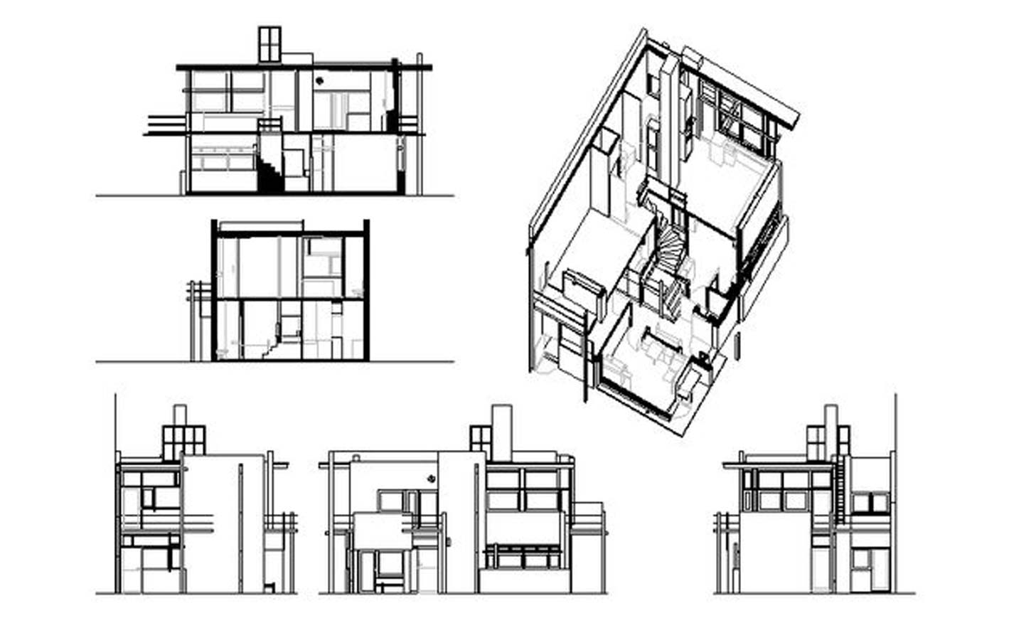rietveld schroder house elevation plans and sections axonometric