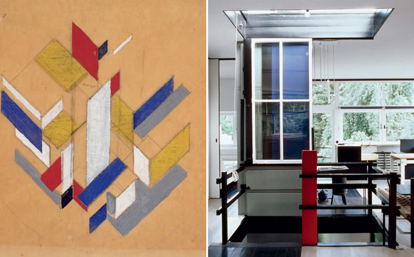 rietveld schroder house axonometric composition and interior view